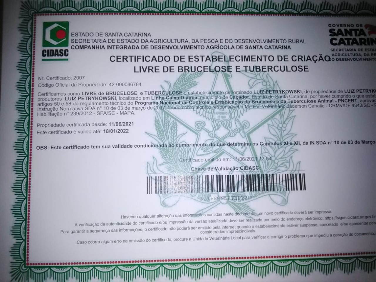certificado do agricultor preso em santa catarina